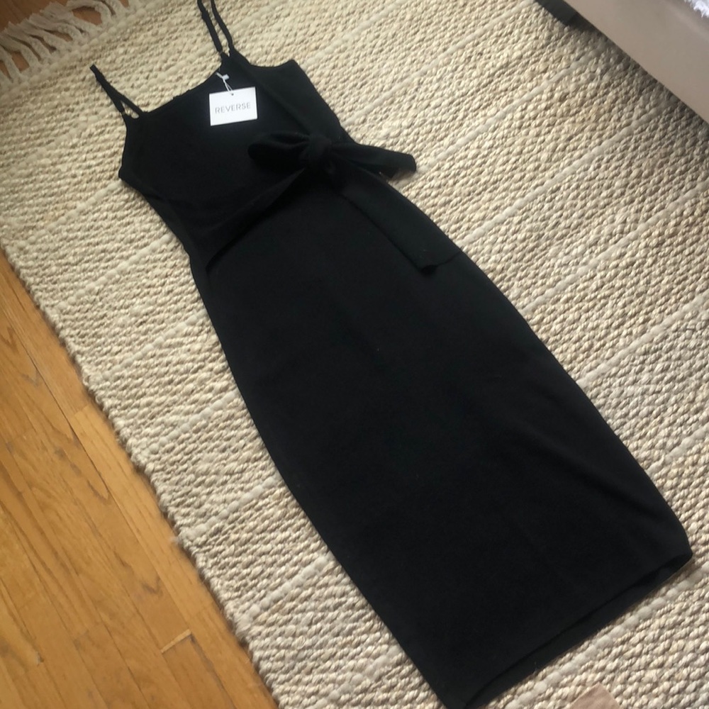 NWT black midi dress w/self-tie and black zipper